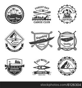 Rafting Canoeing And Kayak Emblems Set . Canoe and kayak sport clubs equipment black emblems and river rafting labels collection abstract isolated vector illustration