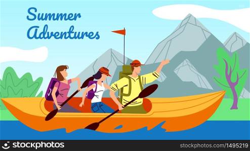 Rafting, Kayaking Sport, Young People in Kayak Row Down River at Wild Nature Rocky Shore in Sunny Day. Summer Adventure, Tourists Company Extreme Vacation. Cartoon Flat Vector Illustration, Banner. Rafting, Kayaking, People in Kayak Row Down River
