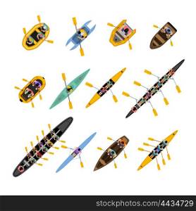 Rafting Kayaking Top View Set. Rafting kayaking top view set with boats of different forms and colors with people inside isolated vector illustration