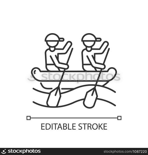 Rafting linear icon. Thin line illustration. Watersport, extreme kind of sport. Risky and adventurous leisure on rough water.Contour symbol. Vector isolated outline drawing. Editable stroke