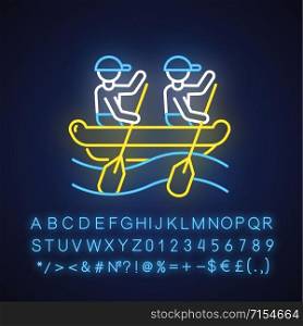 Rafting neon light icon. Watersport, extreme kind of sport. Recreational outdoor activity and hobby. Adventurous leisure on rough water. Glowing sign with alphabet. Vector isolated illustration