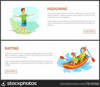Rafting people in boat vector, team of men and women active lifestyle youth. Highlining male balancing, person confidently walking, websites set with text. Highlining Man and Rafting, Summer Sports Set