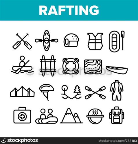 Rafting Trip, Sport Linear Vector Icons Set. Rafting, Kayaking Thin Line Contour Symbols Pack. Outdoor Activity, Adrenaline Chase Pictograms Collection. Extreme Summer Recreation Outline Illustrations. Rafting Trip, Sport Linear Vector Icons Set