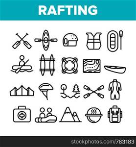 Rafting Trip, Sport Linear Vector Icons Set. Rafting, Kayaking Thin Line Contour Symbols Pack. Outdoor Activity, Adrenaline Chase Pictograms Collection. Extreme Summer Recreation Outline Illustrations. Rafting Trip, Sport Linear Vector Icons Set