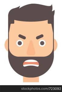 Raging hipster man screaming vector flat design illustration isolated on white background. Vertical layout.. Raging man screaming.