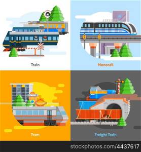 Rail Transport 2x2 Design Concept. Rail transport 2x2 design concept set of passenger and freight trains monorail and tram compositions flat vector illustration