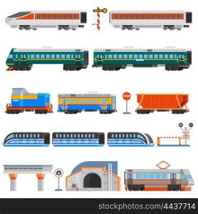Rail Transport Flat Colorful Icons Set. Rail transport flat colorful icons set of passenger and cargo wagons locomotives tram tunnel monorail isolated vector illustration