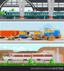 Rail Transport Horizontal Flat Banners. Rail transport horizontal flat banners with high speed passenger train railroad station and loading at railway transport compositions vector illustration