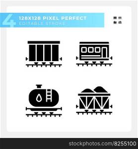 Rail wagon pixel perfect black glyph icons set on white space. Train carriage. Railroad car. Freight shipping. Logistic service. Silhouette symbols. Solid pictogram pack. Vector isolated illustration. Rail wagon pixel perfect black glyph icons set on white space