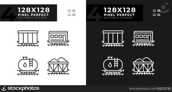Rail wagon pixel perfect linear icons set for dark, light mode. Train carriage. Freight shipping. Logistic service. Thin line symbols for night, day theme. Isolated illustrations. Editable stroke. Rail wagon pixel perfect linear icons set for dark, light mode