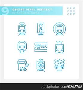 Railroad company pixel perfect gradient linear vector icons set. Train transportation. Locomotive engineering. Thin line contour symbol designs bundle. Isolated outline illustrations collection. Railroad company pixel perfect gradient linear vector icons set