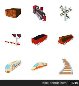 Railroad icons set. Cartoon illustration of 9 railroad vector icons for web. Railroad icons set, cartoon style