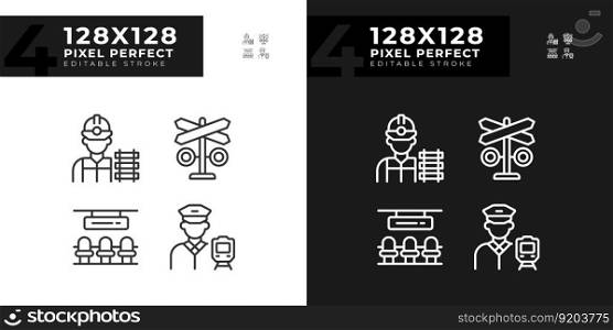 Railroad infrastructure pixel perfect linear icons set for dark, light mode. Public transportation. Railway employment. Thin line symbols for night, day theme. Isolated illustrations. Editable stroke. Railroad infrastructure pixel perfect linear icons set for dark, light mode