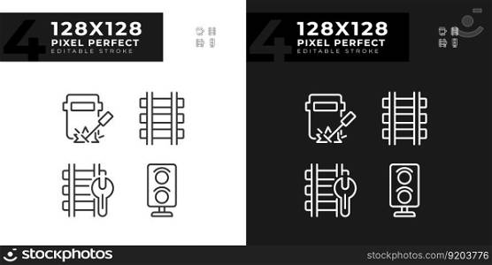 Railroad maintenance pixel perfect linear icons set for dark, light mode. Railway track repair. Engineering work. Thin line symbols for night, day theme. Isolated illustrations. Editable stroke. Railroad maintenance pixel perfect linear icons set for dark, light mode