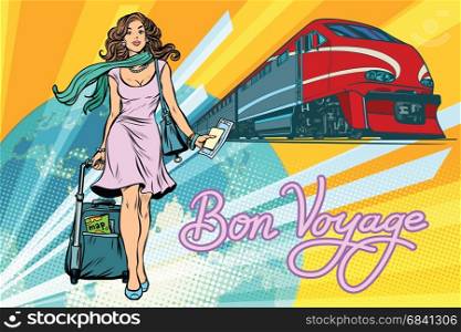 Railroad passenger train, Bon voyage. Beautiful young woman with Luggage. Pop art retro vector illustration. Railroad passenger train, Bon voyage