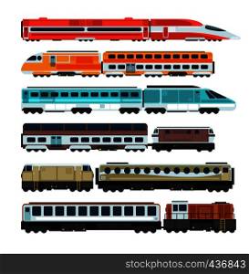 Railroad passenger trains and carriages. Flat vector railway transport set. Train transport railway, carriage travel, wagon transportation passenger illustration. Railroad passenger trains and carriages. Flat vector railway transport set