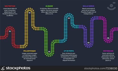 Railroad tracks. Railway timeline, tracking subway stations map top view, colorful stairs railways. Industrial maze vector infographics with copy space. Railroad tracks. Railway timeline, tracking subway stations map top view, colorful stairs railways. Industrial maze vector infographics