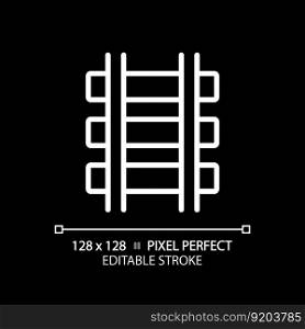 Rails pixel perfect white linear icon for dark theme. Railroad track. Railway infrastructure. Train route. Civil engineering. Thin line illustration. Isolated symbol for night mode. Editable stroke. Rails pixel perfect white linear icon for dark theme