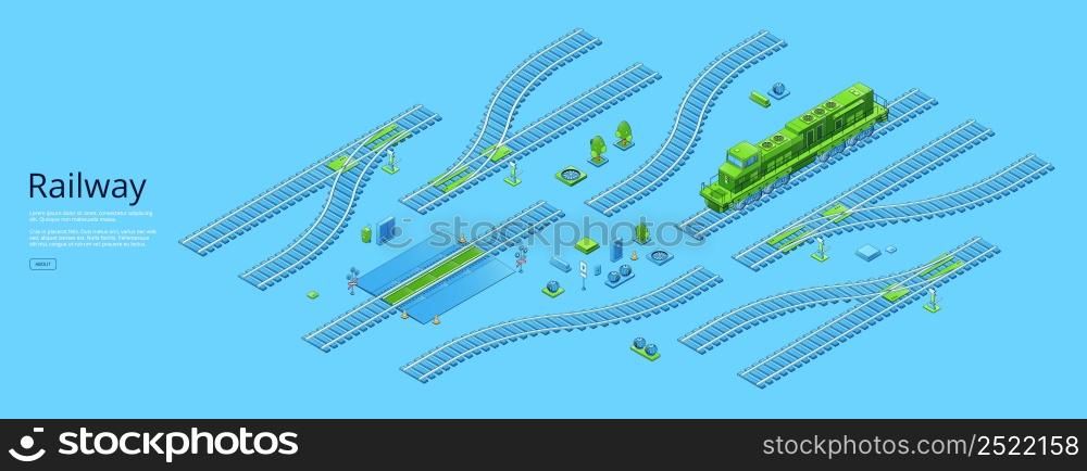 Railway banner with isometric locomotive and rail track elements. Vector poster of path for trains, subway and tram, train road with switch, crossing, signal. Isometric locomotive, railway, rail track elements