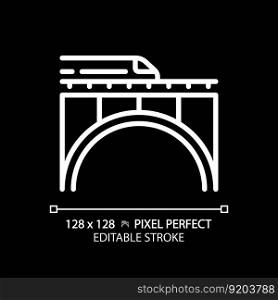 Railway bridge pixel perfect white linear icon for dark theme. Express train. Rail track. Urban infrastructure. Fast transport. Thin line illustration. Isolated symbol for night mode. Editable stroke. Railway bridge pixel perfect white linear icon for dark theme