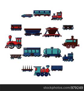 Railway carriage icons set. Cartoon illustration of 16 railway carriage vector icons for web. Railway carriage icons set, cartoon style