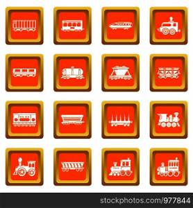 Railway carriage icons set vector orange square isolated on white background . Railway carriage icons set orange square vector