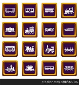 Railway carriage icons set vector purple square isolated on white background . Railway carriage icons set purple square vector