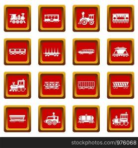 Railway carriage icons set vector red square isolated on white background . Railway carriage icons set red square vector