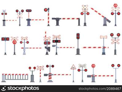 Railway crossing icons set cartoon vector. Railroad signal. Alert train barrier. Railway crossing icons set cartoon vector. Railroad signal