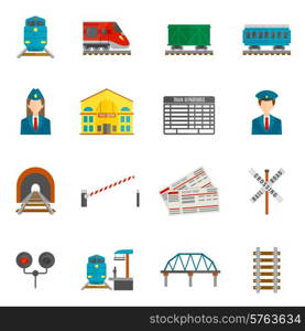 Railway flat icons set with train locomotive wagon conductor isolated vector illustration. Railway Icons Set