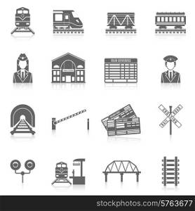 Railway icon set black with station tunnel track semaphore isolated vector illustration. Railway Icon Set