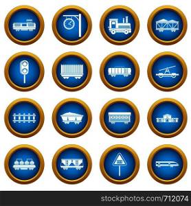 Railway icons blue circle set isolated on white for digital marketing. Railway icons blue circle set