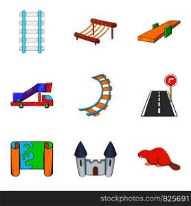Railway icons set. Cartoon set of 9 railway vector icons for web isolated on white background. Railway icons set, cartoon style