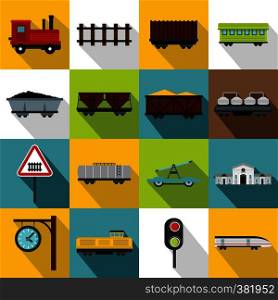 Railway icons set. Flat illustration of 16 railway vector icons for web. Railway icons set, flat style