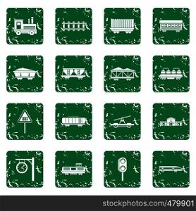 Railway icons set in grunge style green isolated vector illustration. Railway icons set grunge