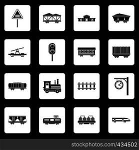 Railway icons set in white squares on black background simple style vector illustration. Railway icons set squares vector