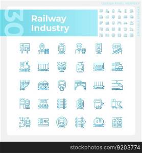 Railway industry pixel perfect gradient linear vector icons set. Railroad company. Rail transport. Train station. Thin line contour symbol designs bundle. Isolated outline illustrations collection. Railway industry pixel perfect gradient linear vector icons set