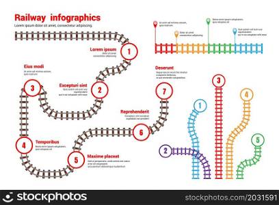 Railway infographic. Train rail scheme. Subway and tram station top view map. Underground transport graphic guide. Colorful railroad route diagram template. Metro traffic plan. Vector illustration. Railway infographic. Train rail scheme. Subway and tram station top view map. Underground transport guide. Colorful railroad diagram template. Metro traffic plan. Vector illustration