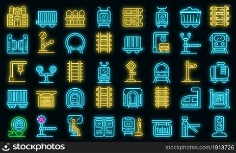 Railway platform icons set. Outline set of railway platform vector icons neon color on black. Railway platform icons set vector neon