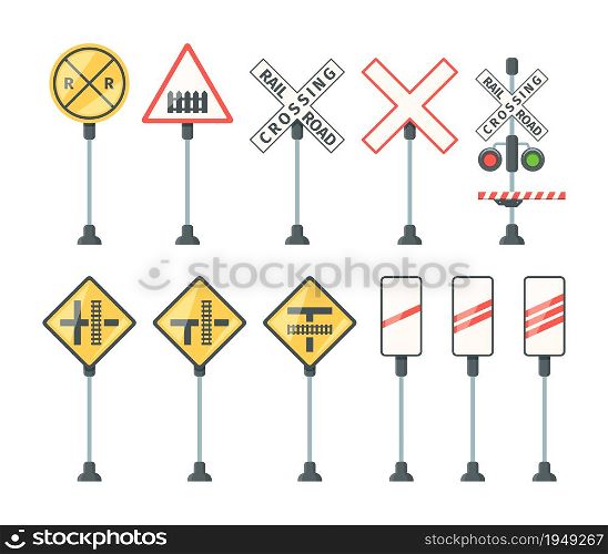 Railway signs. Train barriers traffic light specific symbols road direction arrows and banners vector flat pictures. Illustration road railway sign, light traffic signal. Railway signs. Train barriers traffic light specific symbols road direction arrows and banners vector flat pictures