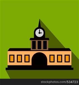 Railway station building icon in flat style on a green background. Railway station building icon, flat style