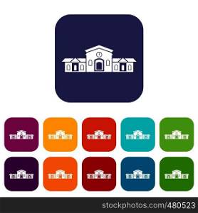 Railway station building icons set vector illustration in flat style in colors red, blue, green, and other. Railway station building icons set