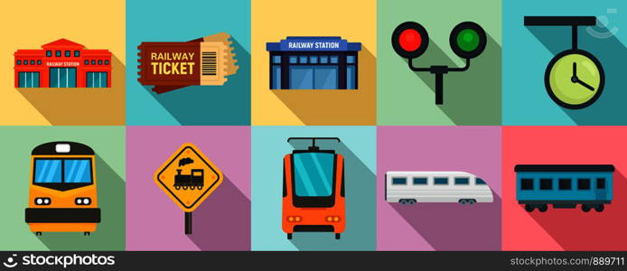 Railway station icons set. Flat set of railway station vector icons for web design. Railway station icons set, flat style