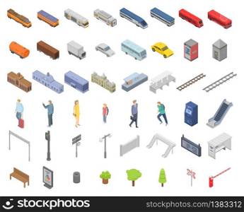 Railway station icons set. Isometric set of railway station vector icons for web design isolated on white background. Railway station icons set, isometric style