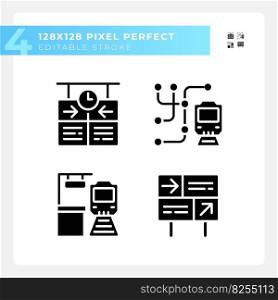 Railway station pixel perfect black glyph icons set on white space. Train platform. Rail travel. Transport system. Silhouette symbols. Solid pictogram pack. Vector isolated illustration. Railway station pixel perfect black glyph icons set on white space