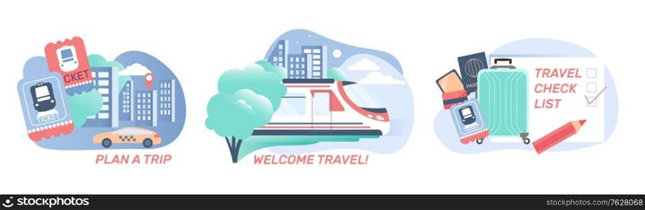 Railway station set of compositions with flat images of travel check list train tickets and text vector illustration