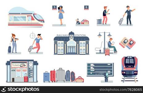 Railway station set with flat icons of trains and people on platforms with tickets and baggage vector illustration