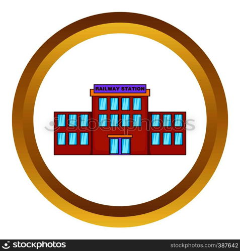 Railway station vector icon in golden circle, cartoon style isolated on white background. Railway station vector icon