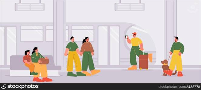 Railway station with people on platform and train. Vector cartoon illustration of city subway waiting terminal with passengers, man with dog, baggage and phone, woman with kid and couple. Railway station with people on platform and train