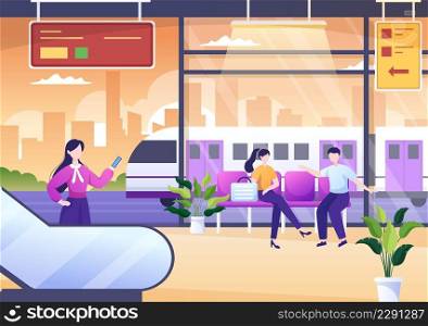 Railway Station with People, Train Transport Scenery, Platform for Departure and Underground Interior Subway in Flat Background Poster Illustration
